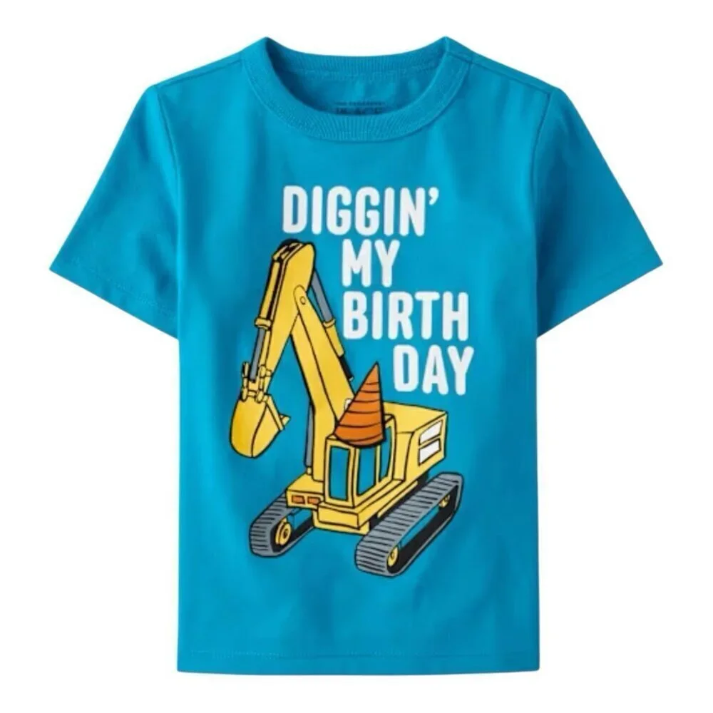 Children’s Place 4T Toddler Boys Birthday Construction Vehicle Graphic Tee Blue